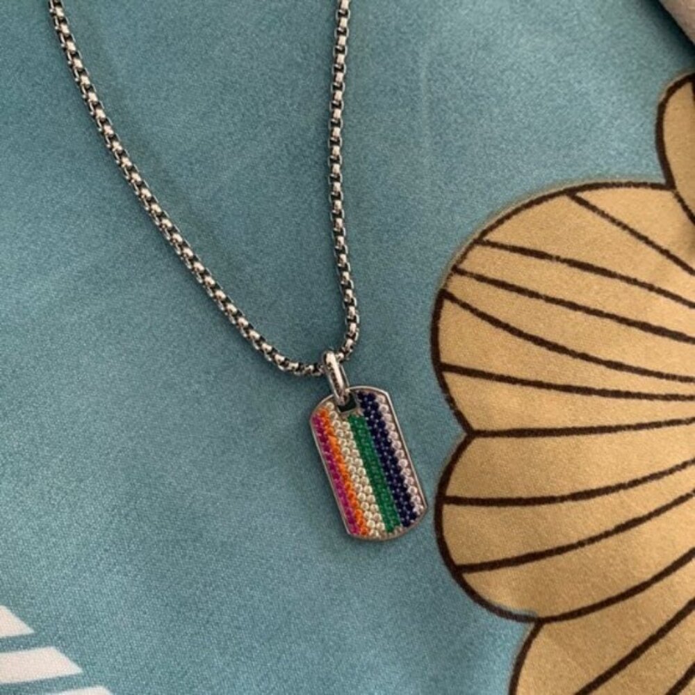 David Yurman 925 Sterling Silver Fancy Red Streamline Dog Tag Necklace